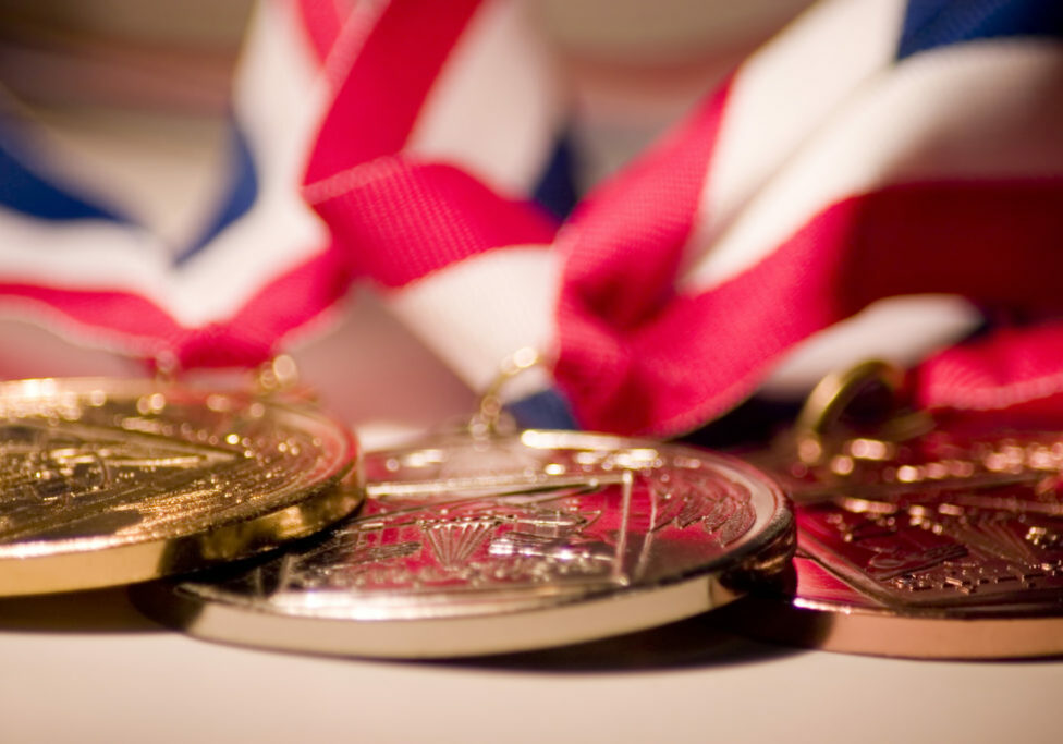 Gold, silver, and bronze medals.
